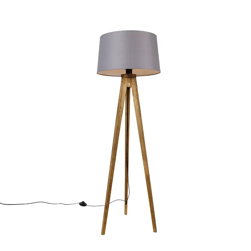Végkiárusítás Rusztikus állólámpa vintage fa talppal és lenvászon búrával sötétszürke 45 cm - Tripod Classic