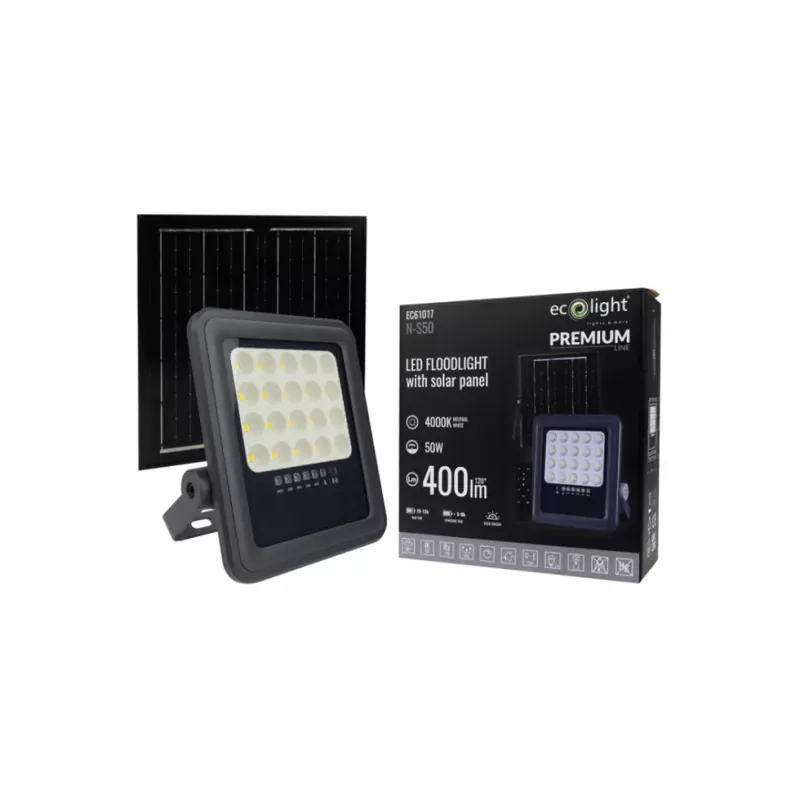 EcoLight 50W-os napelemes reflektor 4000K beépített alkonykapcsolóval Prémium