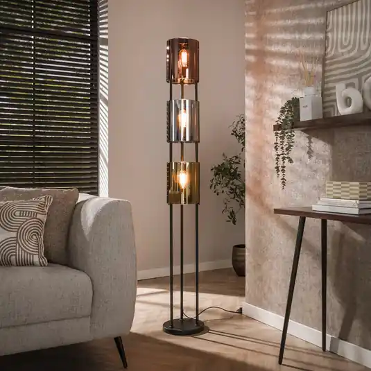 Árcsökkenés Lucente Tricolore álló lámpa, fekete, 3 izzós, 175 cm, E27