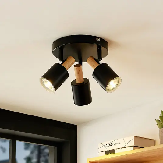 Biztonságos fizetés Lindby mennyezeti spot Junes, 3-lámpás, Ø 30 cm, fekete, fa