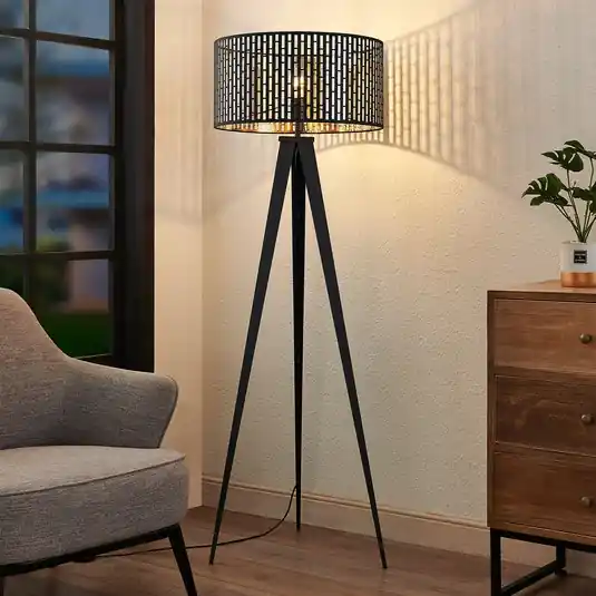 Lindby állólámpa Thoralf, állvány, fekete, textil, Ø50cm Rendeld meg most