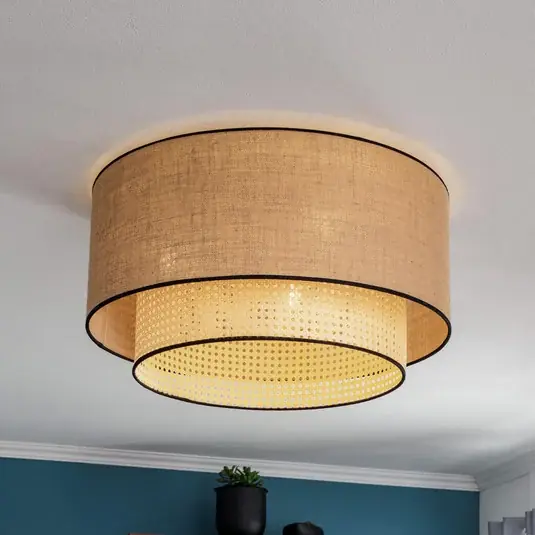 Boho mennyezeti lámpa, barna/fa/fekete, 60 cm átmérőjű, textil/rattan Végkiárusítás