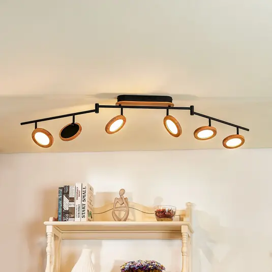Árengedmény Lindby LED-es reflektor Manel, fa, 152 cm hosszú, 6 lángú