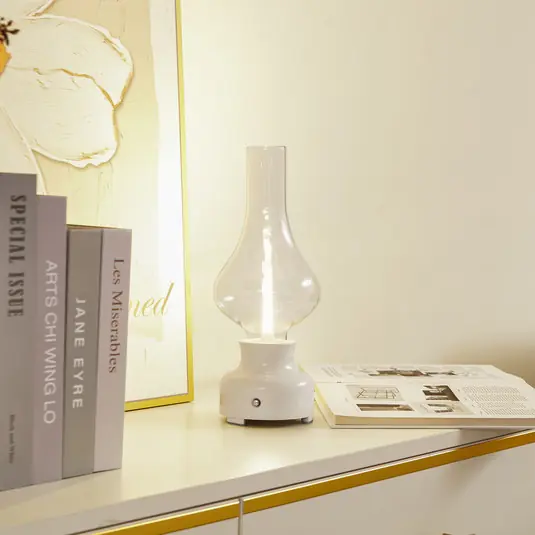 Lindby LED-es újratölthető asztali lámpa Maxentius, krém, üveg, Azonnali szállítás