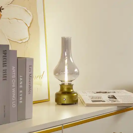 Akciós ár Lindby Maxentius LED-es újratölthető asztali lámpa, zöld, üveg,