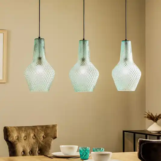 Lindby függőlámpa Drakar, 3-as lámpa, világoskék, üveg, Ø 25 cm Outlet