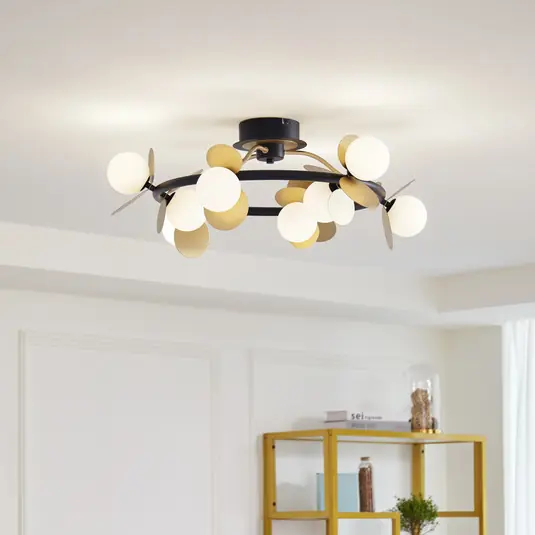 Újdonság Lucande LED mennyezeti lámpa Pallo, 9 lámpás, fekete/arany, üveg