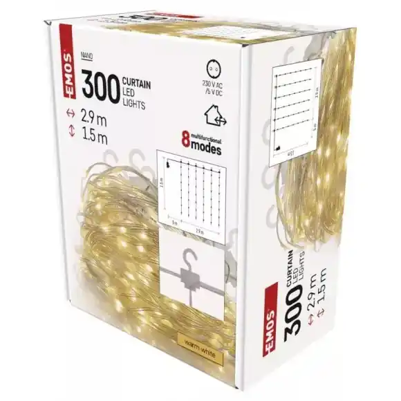 Alacsony ár Emos D3EW03 dekoratív fényfüzér - függöny Nano 2,9x1,5m 3,6W 300 LED 2700K IP44 - meleg fehér, 8 mód, átlátszó
