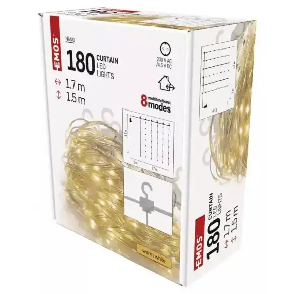 Prémium Emos D3EW02 dekoratív fényfüzér - függöny Nano 1,7x1,5m 2,7W 180 LED 2700K IP44 - meleg fehér, 8 mód, átlátszó