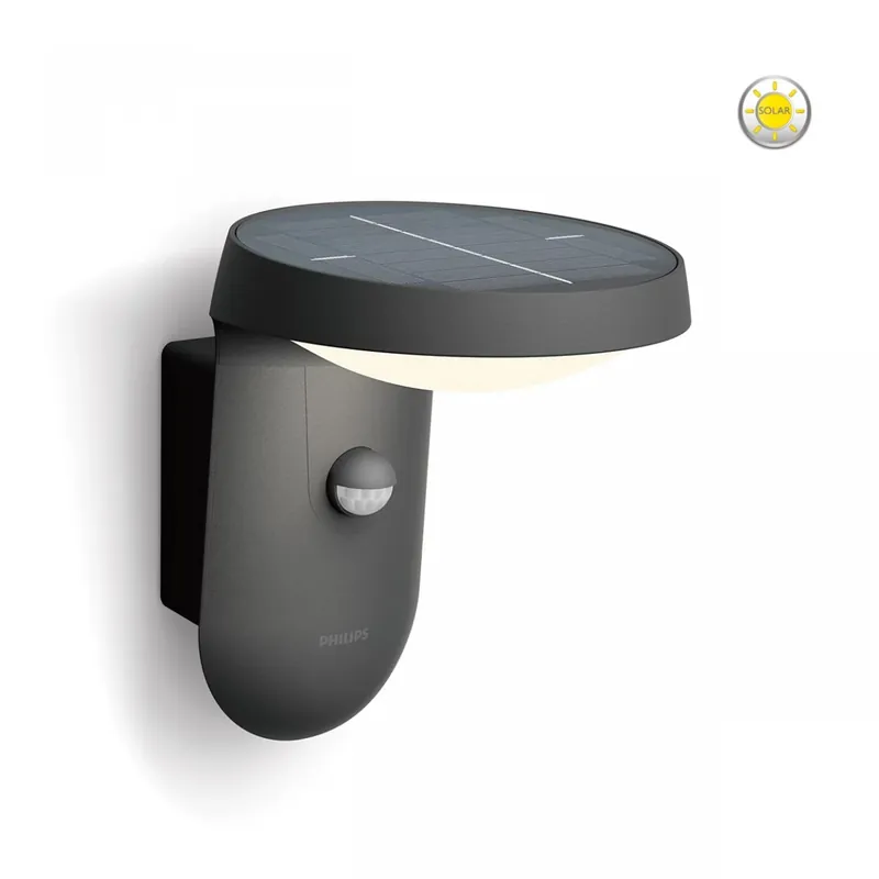 Azonnal elérhető Philips 8719514476912 LED kültéri napelemes fali lámpa mozgásérzékelővel Tyla 1x1,2W 255lm 3000K IP44 - antracit